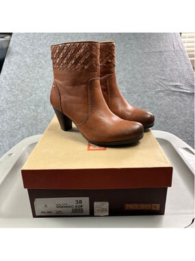 Pikolinos Womens EU 38 Cognac Leather Ankle Boots Woven Side Zip Heeled